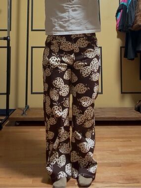 Brown Wide Leg Strawberry Print Jeans